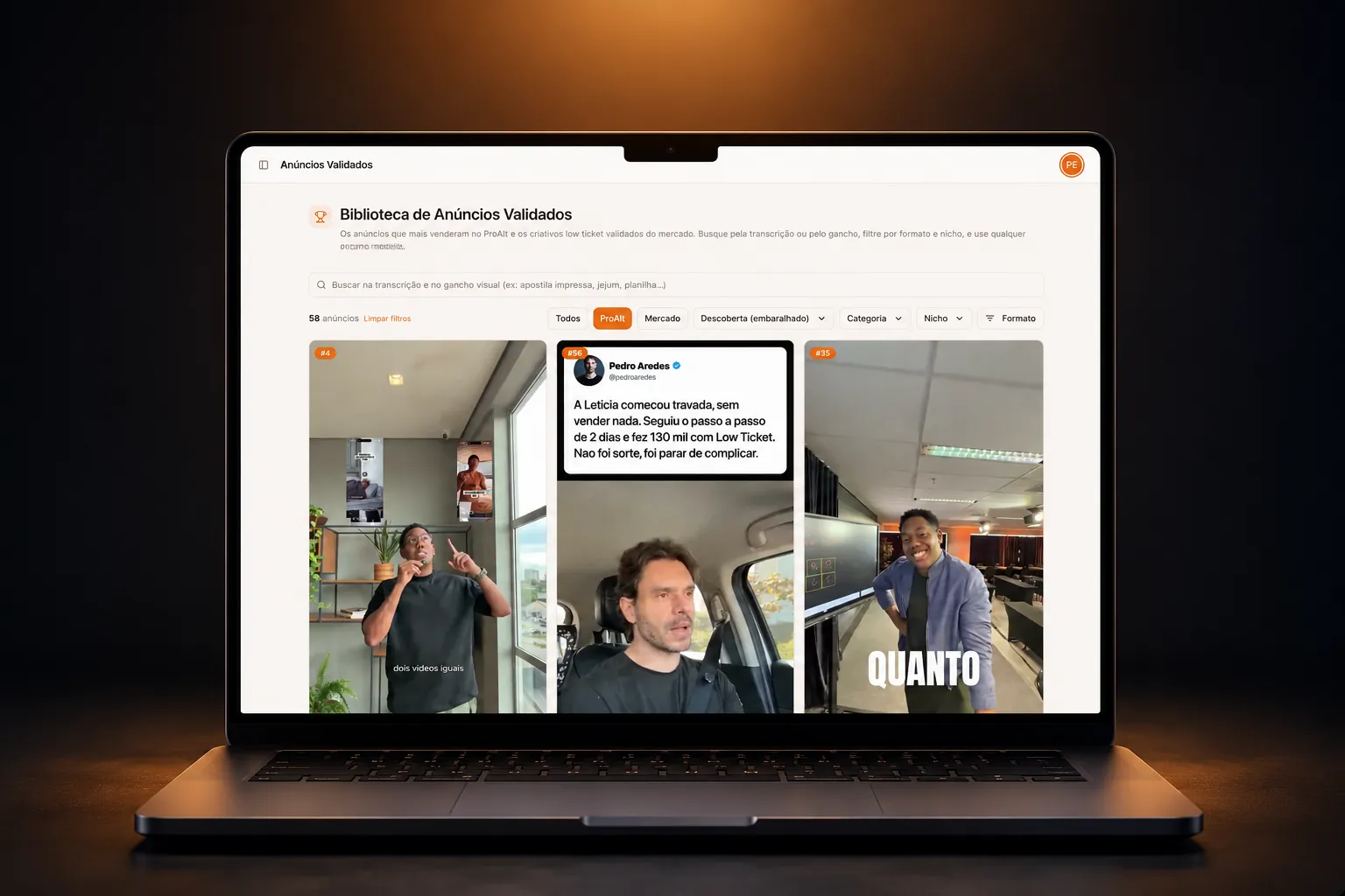 Tela da Biblioteca de Anúncios Validados com busca, filtros e grade de anúncios