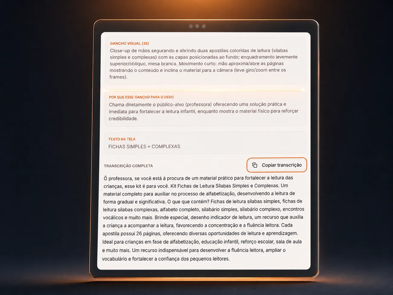 Por que o gancho funciona e o botão de copiar transcrição